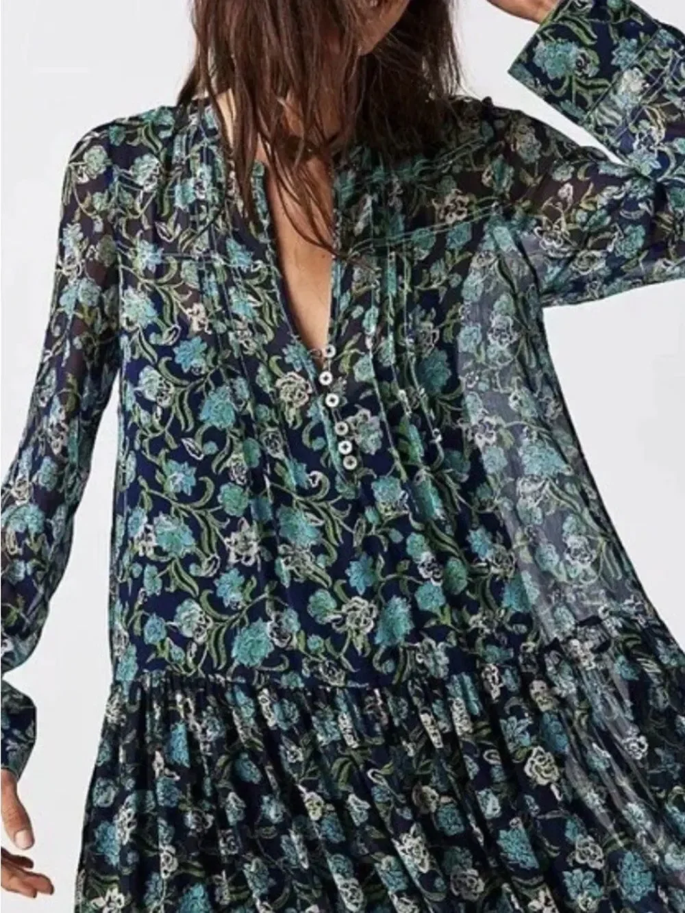 Free People Navy Blue Floral Boho Maxi Dress XS Cottagecore Festival Midi Maxi